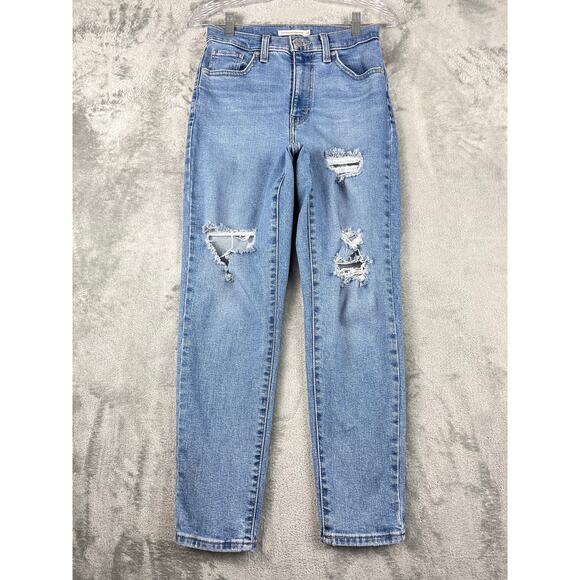 Levis High Waisted Mom Jeans 26 Distressed Light Wash Stretchy High Rise Grunge - Picture 1 of 16